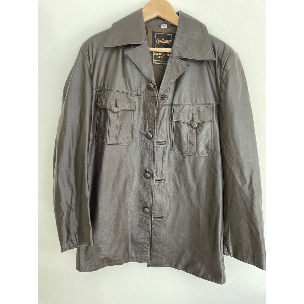 Vintage Anthony's Genuine Leather Mens Brown Button Up Shirt Jacket Size 38